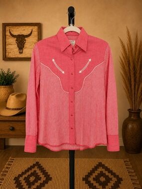 Vintage Wrangler Red & White Striped Western Pearl Snap Women's Blouse, S